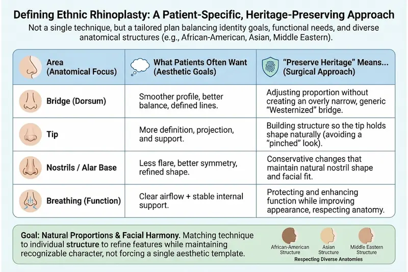 Infographic defining ethnic rhinoplasty as a patient-specific, heritage-preserving approach, outlining goals for bridge, tip, nostrils/alar base, and breathing function.