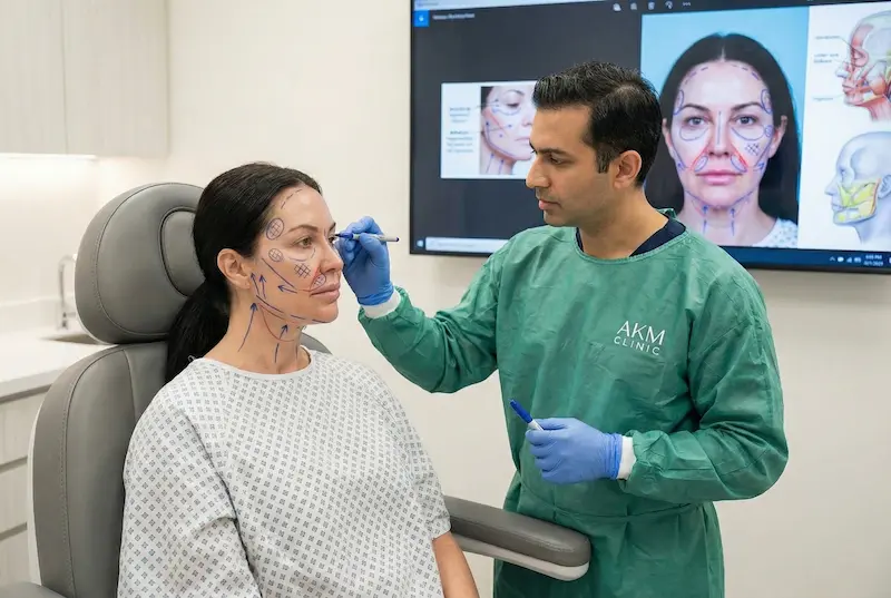 Surgeon assessing facial markings during consultation to determine whether the patient needs volume restoration or lifting as part of a personalized facelift plan.