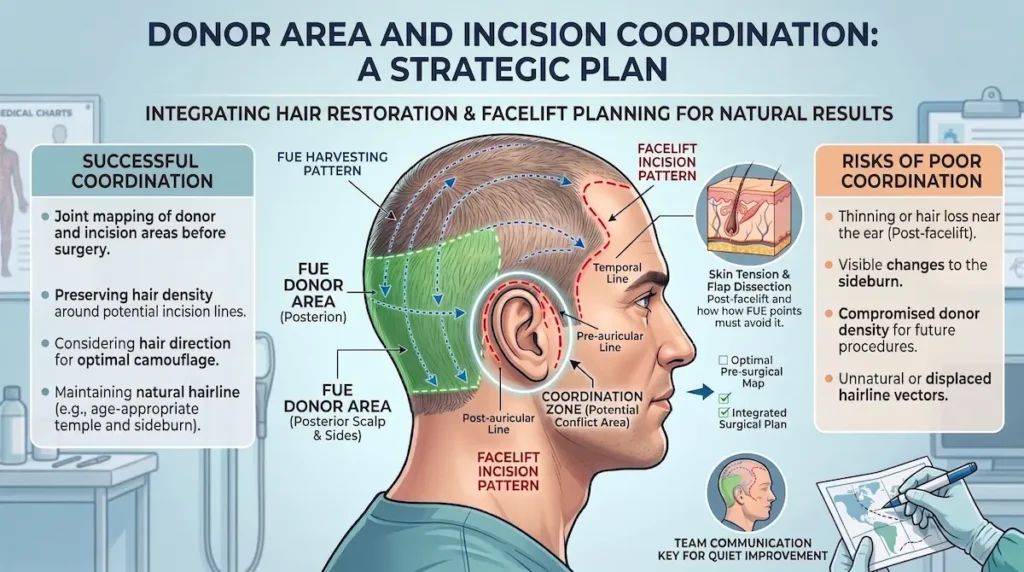 Donor area and incision diagram for a hair transplant and facelift combo showing FUE mapping and facelift planning.