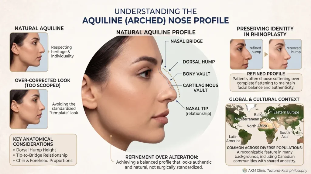 Educational diagram for arched nose surgery Turkey showing dorsal hump anatomy, nasal bridge, and natural aquiline profile.