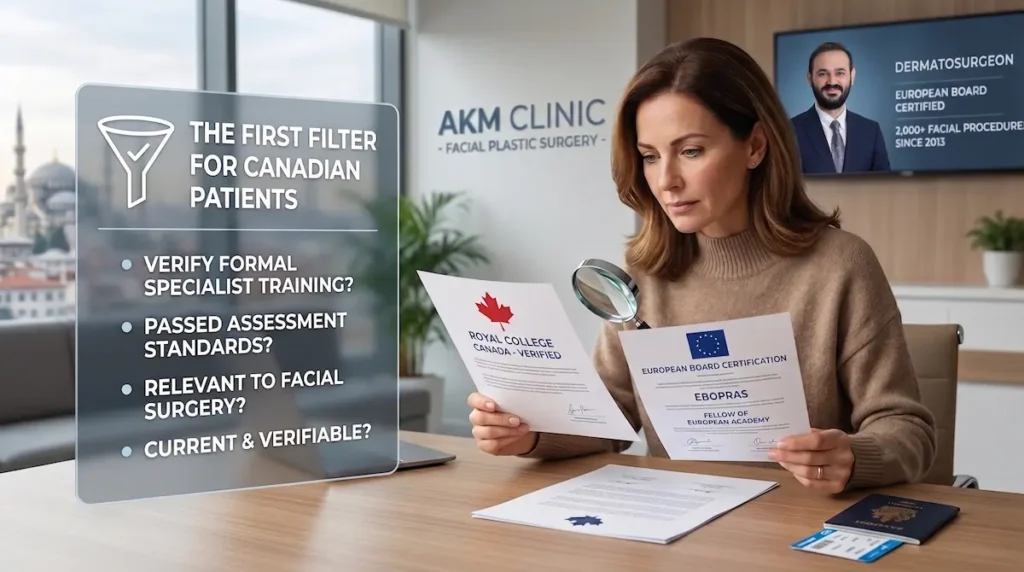 Canadian patient checking EBOPRAS and Royal College documents while researching the best deep plane facelift surgeon in Turkey.