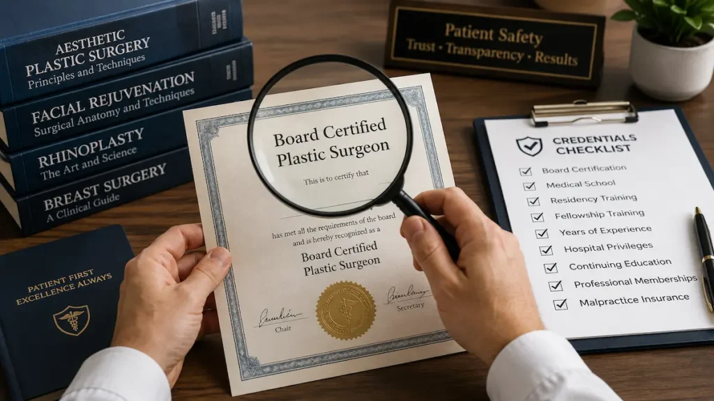 Close-up image of plastic surgeon board certification being reviewed with a magnifying glass, medical books, and a credentials checklist.