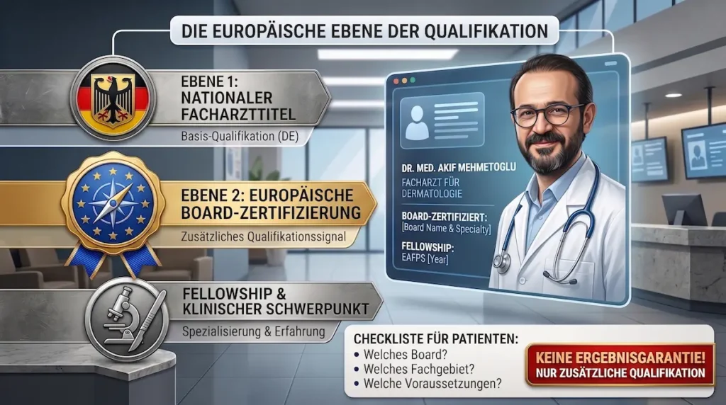 Facharzt Titel verstehen: Infografik zu nationalem Facharzttitel, europäischer Board-Zertifizierung und Fellowship.