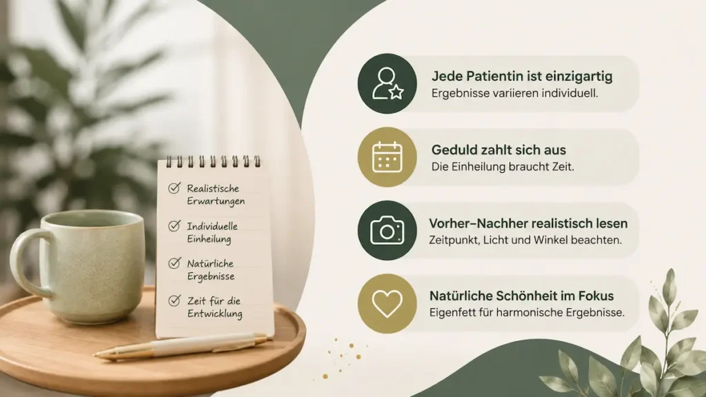 Lipofilling Brust Türkei: Infografik zu individuellen Ergebnissen, Einheilung und realistischem Lesen von Vorher-Nachher-Bildern.