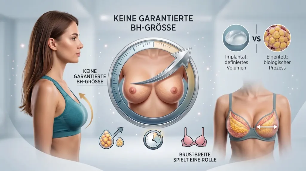 Lipofilling Brust Türkei: Infografik zur realistischen Brustgröße mit Eigenfett im Vergleich zum Implantat.