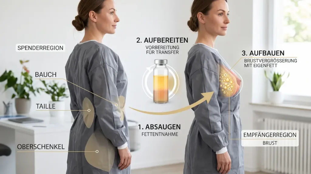 Lipofilling Brust Türkei: Infografik zu Fettentnahme, Aufbereitung und Eigenfetttransfer aus Bauch, Taille oder Oberschenkel in die Brust.
