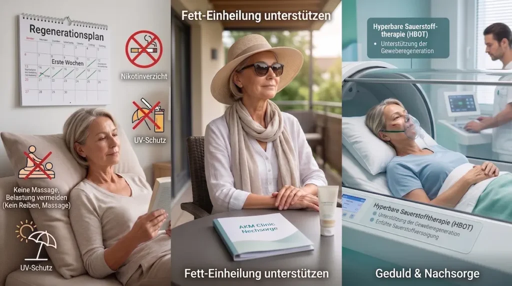 Facelift Heilung Stammzellen: Nikotinverzicht, UV-Schutz, Druckvermeidung und HBOT unterstützen die kontrollierte Eigenfett-Einheilung.