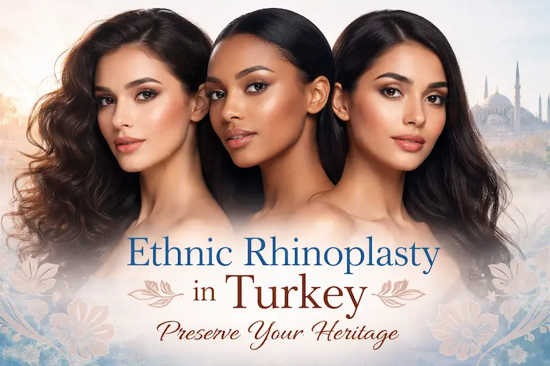 Ethnic rhinoplasty Turkey guide cover: patients of African, Asian and Middle Eastern heritage with Istanbul skyline, illustrating heritage-preserving nose surgery.
