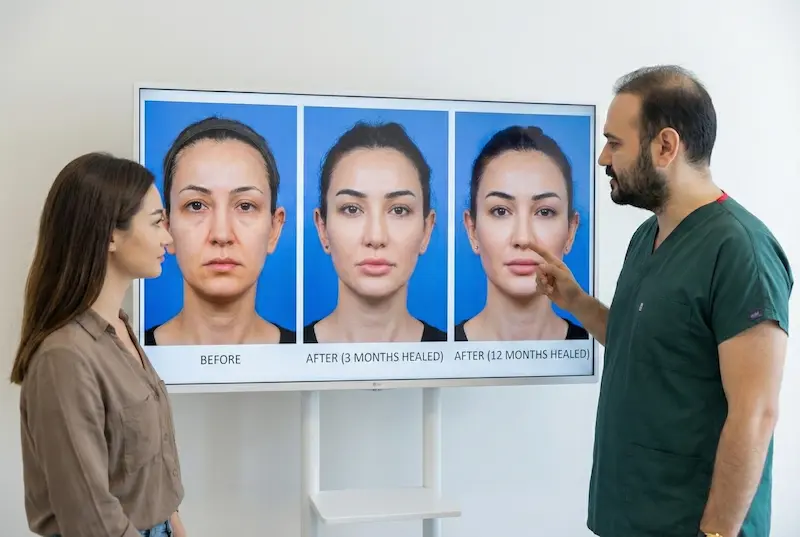 Surgeon and patient reviewing before and after facelift photos, including 3 months healed and 12 months healed results, to evaluate outcomes like a pro.