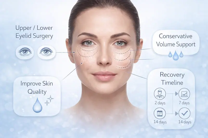 Infographic showing eye rejuvenation options after or instead of filler removal, including upper/lower eyelid surgery, skin quality improvement, conservative volume support, and recovery timeline