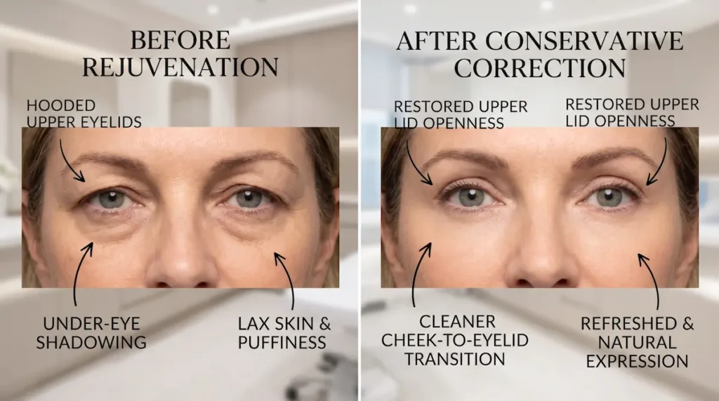 Best surgeons for filler removal image showing before and after eye rejuvenation with improved upper lid openness and a cleaner under-eye transition.