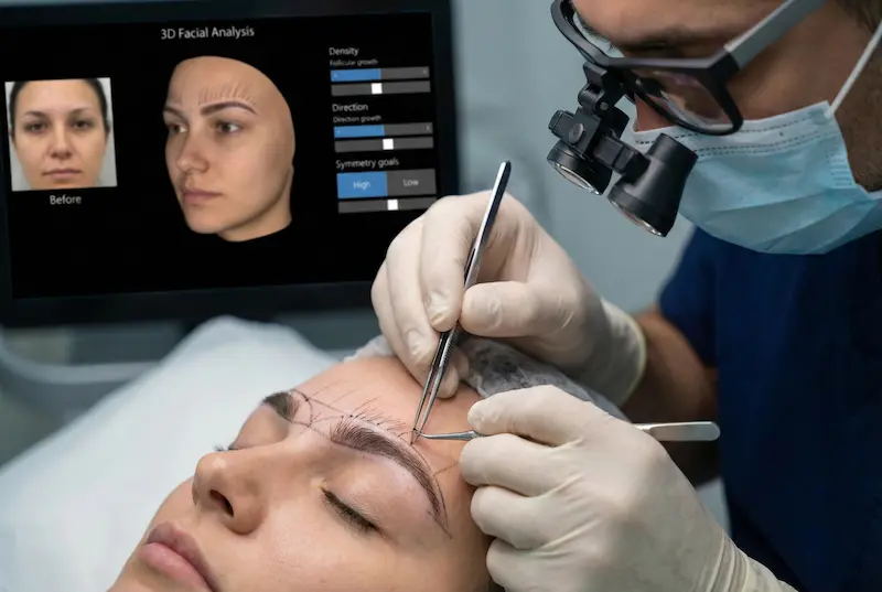 Eyebrow transplant planning in Turkey showing precision brow mapping and graft placement with a 3D facial analysis screen for density, direction, and symmetry.