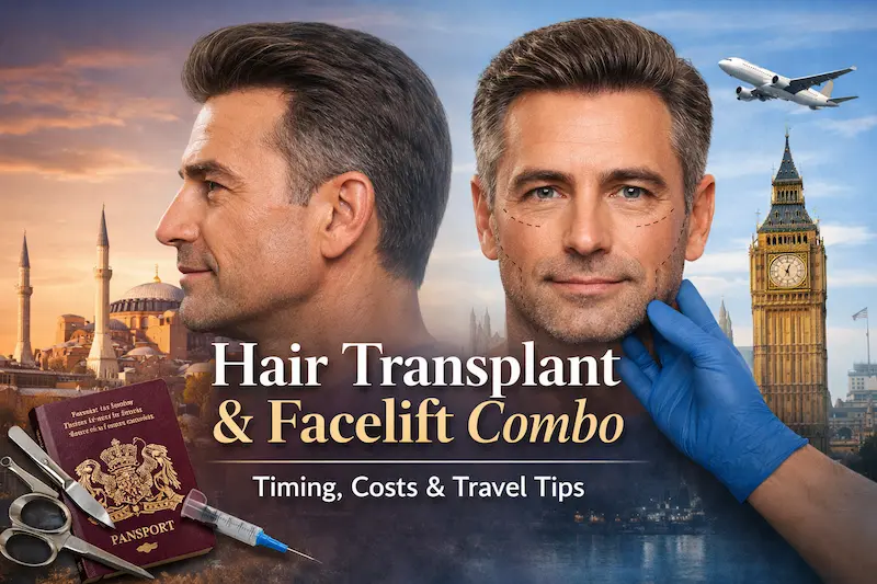 Hair transplant and facelift combo cover image showing a male patient, facelift markings, Istanbul skyline and Big Ben.