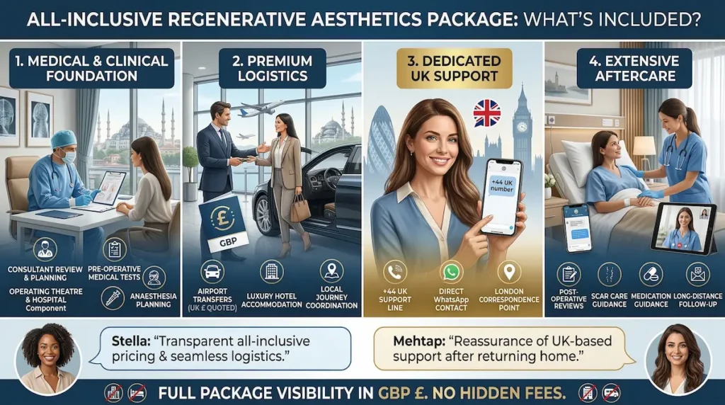Regenerative medicine cost in Turkey infographic showing all inclusive package features, UK support, aftercare, transfers, hospital care and GBP pricing.