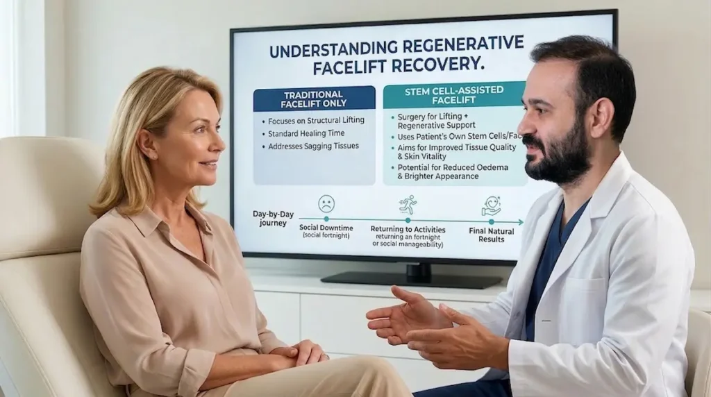 Consultation image for Facelift Recovery with Stem Cells showing a UK patient speaking with a surgeon about regenerative facial rejuvenation and recovery.