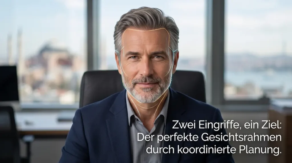 Haartransplantation Facelift Kombination bei einem Mann mit markierter Haarlinie und Gesichtskontur zur koordinierten Planung.