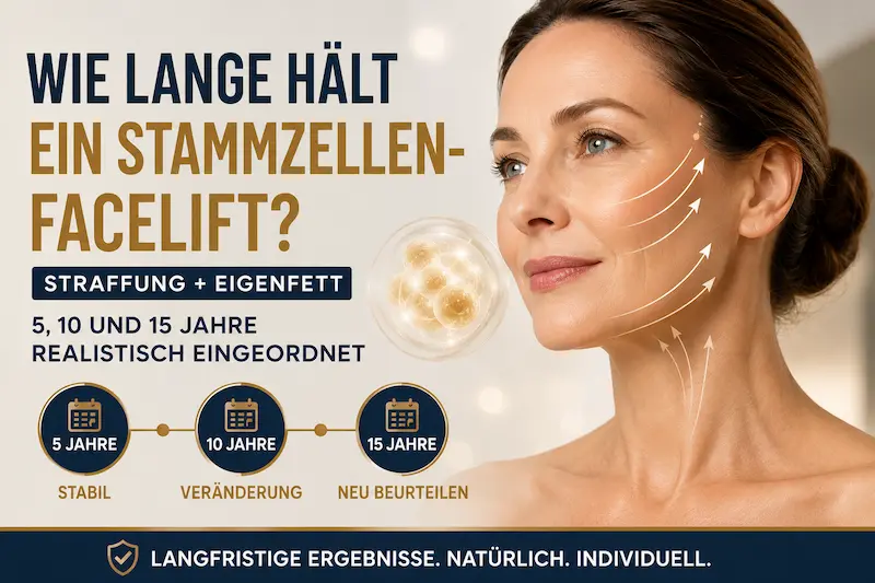 Stammzellen Facelift Haltbarkeit – Illustration mit Gesichtsstraffung, Eigenfett und einer Zeitachse für 5, 10 und 15 Jahre.