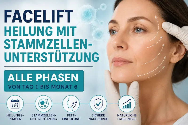 Facelift Heilung Stammzellen: Patientin mit Lifting-Vektoren, Heilungsphasen und Eigenfett-Einheilung bis Monat 6.