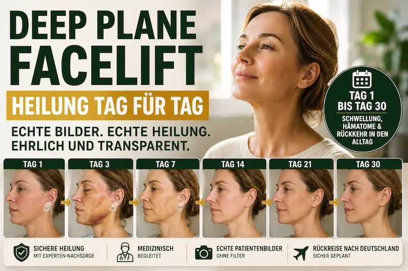 Deep Plane Facelift Heilung Tag für Tag: Frau mit illustrierter Tag-1-bis-Tag-30-Reihe zu Schwellung, Hämatomen und Erholung.