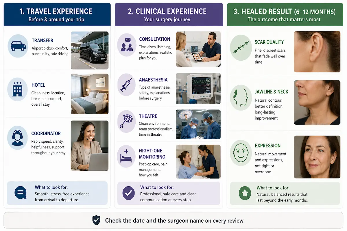 Infographic showing how UK patients should separate travel, clinical and healed-result feedback when reading facelift in Turkey reviews