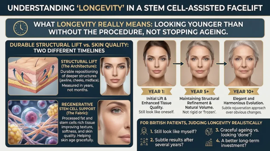 Infographic explaining stem cell facelift longevity through structural lift, skin quality timelines and realistic long-term ageing outcomes.