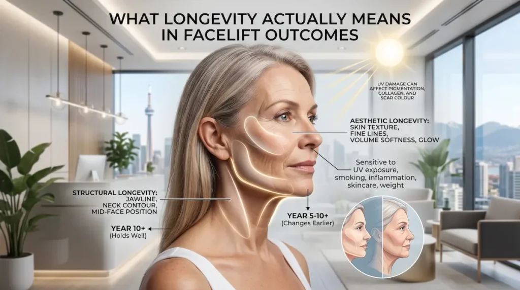 Stem cell facelift longevity infographic showing structural and aesthetic outcome timelines for a Canadian patient.