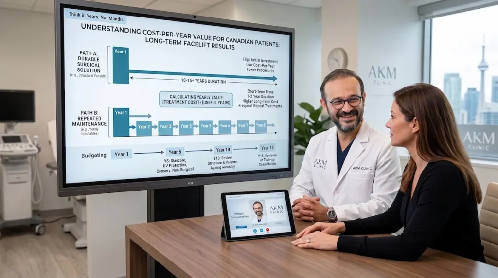 Stem cell facelift longevity consultation showing CAD cost-per-year planning for Canadian patients.
