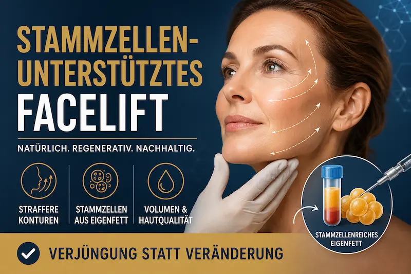 Stammzellen Facelift mit Eigenfett: Frau mit markierten Lifting-Vektoren sowie Symbolen für Volumen und Hautqualität.