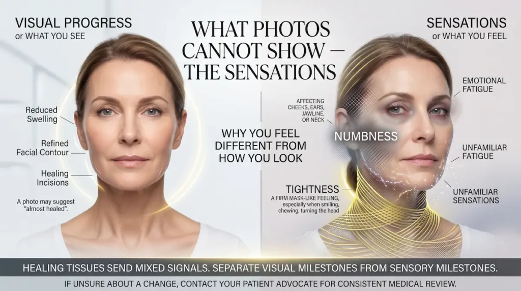 Deep plane facelift recovery day by day photos showing visual progress, numbness, tightness, and sensory healing.