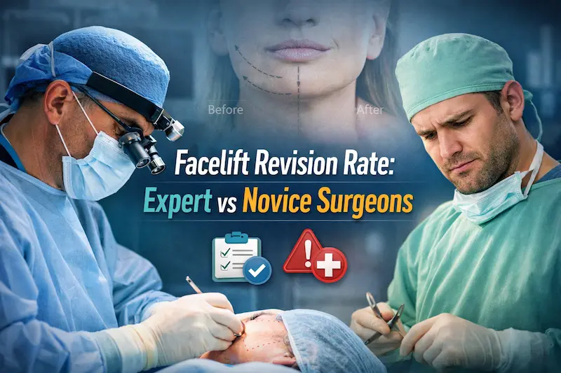 Facelift revision rate concept showing expert vs novice surgeons during facelift procedure