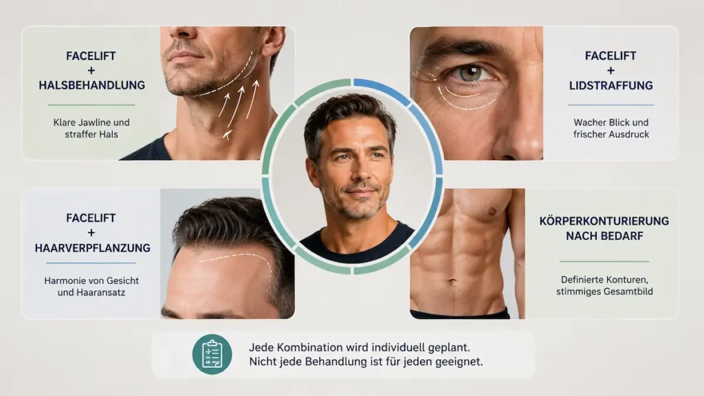 Infografik zu facelift männer mit möglichen Kombinationen aus Halsbehandlung, Lidstraffung, Haartransplantation und Körperkonturierung.