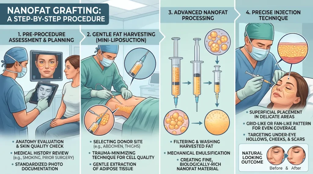 Nanofat grafting Turkey step-by-step visual showing assessment, gentle fat harvesting, processing, and precise facial injection.