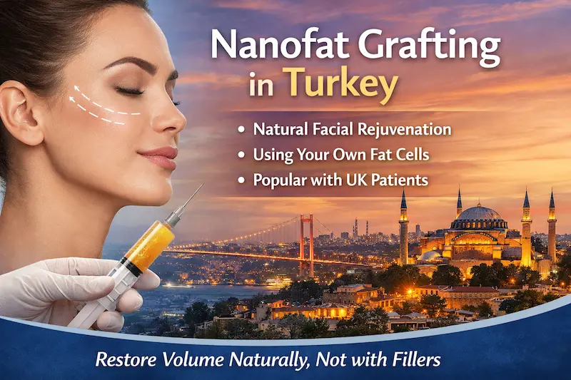 Nanofat grafting Turkey cover image showing natural facial volume restoration with own fat cells and the Istanbul skyline.