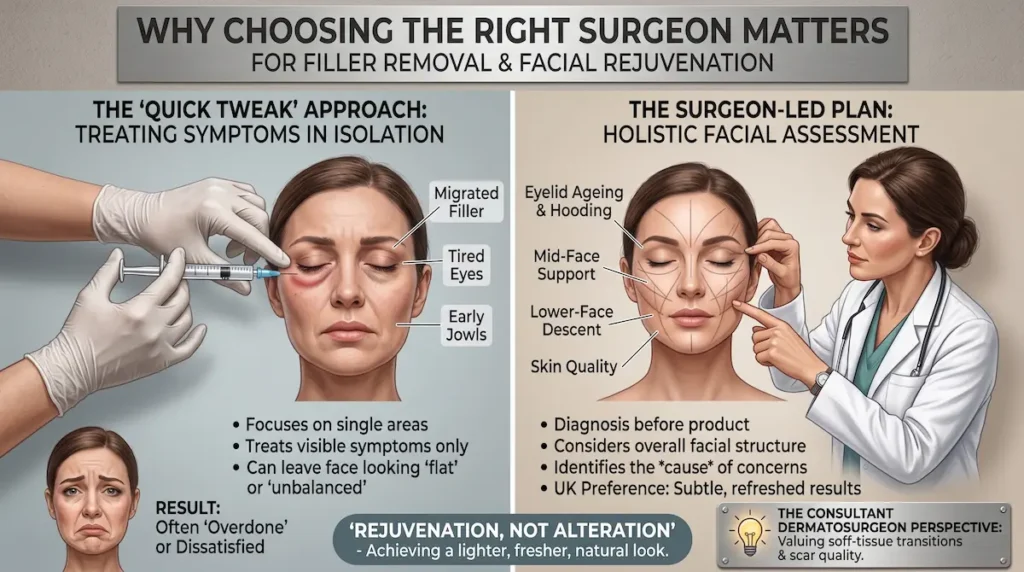Best surgeons for filler removal infographic comparing quick tweak treatment with surgeon-led facial rejuvenation assessment.