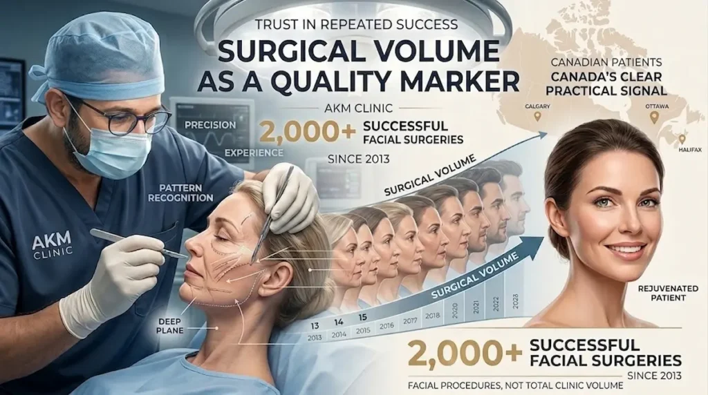 Surgical volume graphic showing 2,000+ facial surgeries while researching the best deep plane facelift surgeon in Turkey.