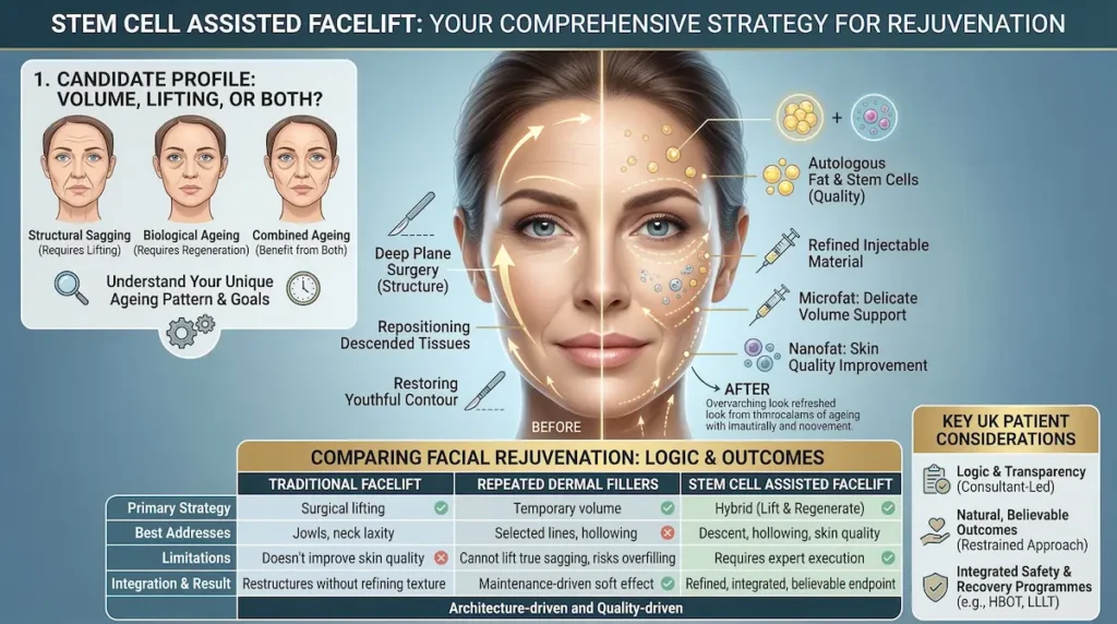 Stem cell assisted facelift surgery infographic showing whether a patient needs volume, lifting, or both for natural facial rejuvenation.