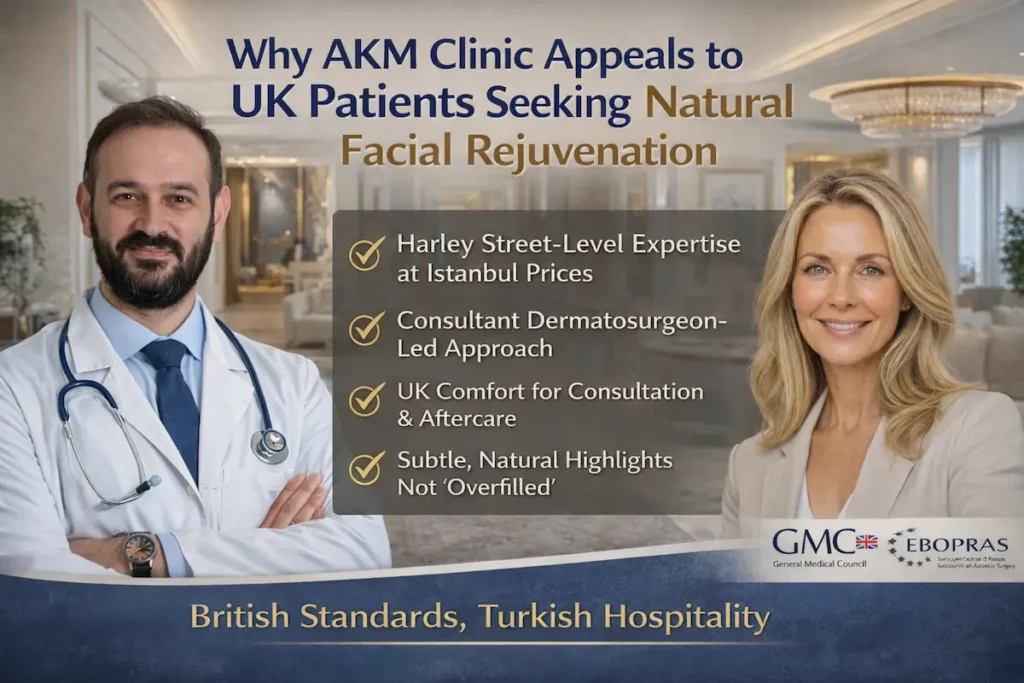 Nanofat grafting Turkey clinic image showing Dr Akif Mehmetoğlu, consultant led care, and natural facial rejuvenation for UK patients.