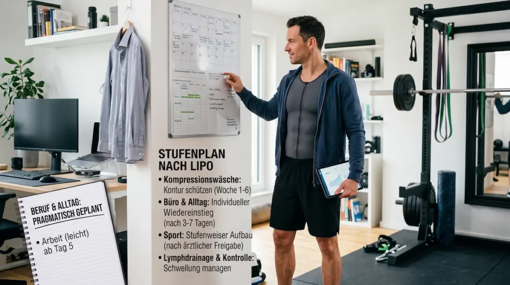 Mann in Kompressionswäsche mit Erholungsplan für Büro und Sport nach fettabsaugung männer türkei