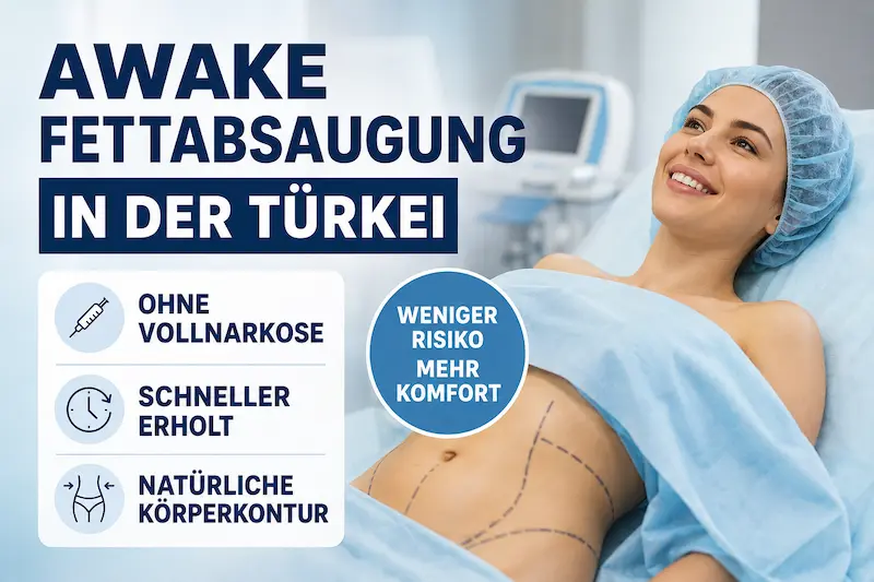 Awake Fettabsaugung Türkei ohne Vollnarkose mit Patientin in einer klinischen Umgebung vor der Körperkonturierung.