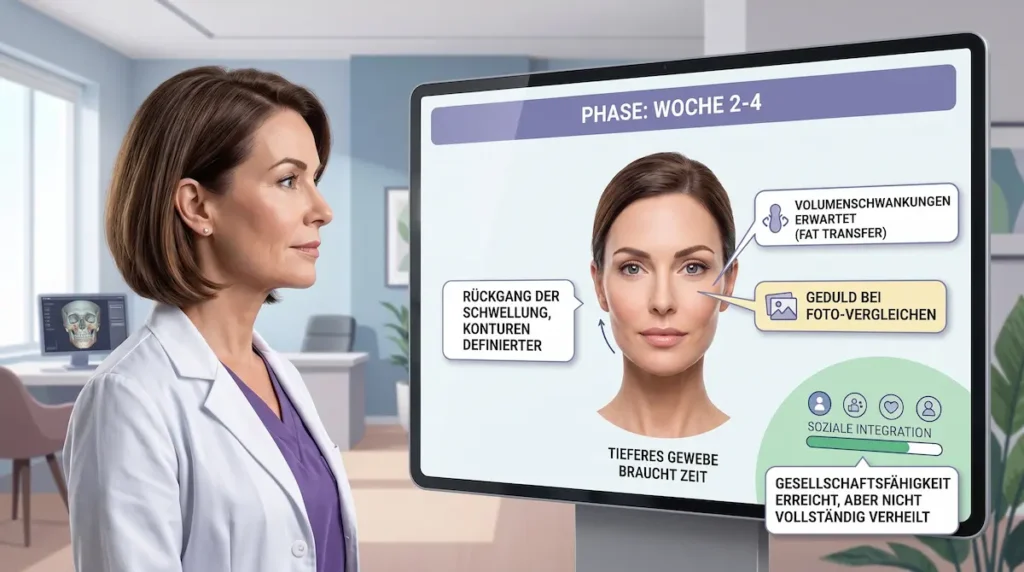 Facelift Heilung Stammzellen: Ärztin erklärt die Phase Woche 2–4 mit weniger Schwellung, klareren Konturen und schwankendem Eigenfettvolumen.