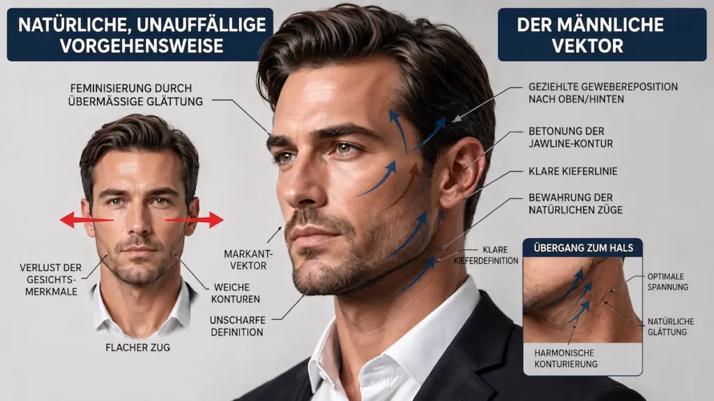 Infografik zu facelift männer: männlicher Lifting-Vektor für klare Jawline, natürliche Konturen und harmonischen Halsübergang.
