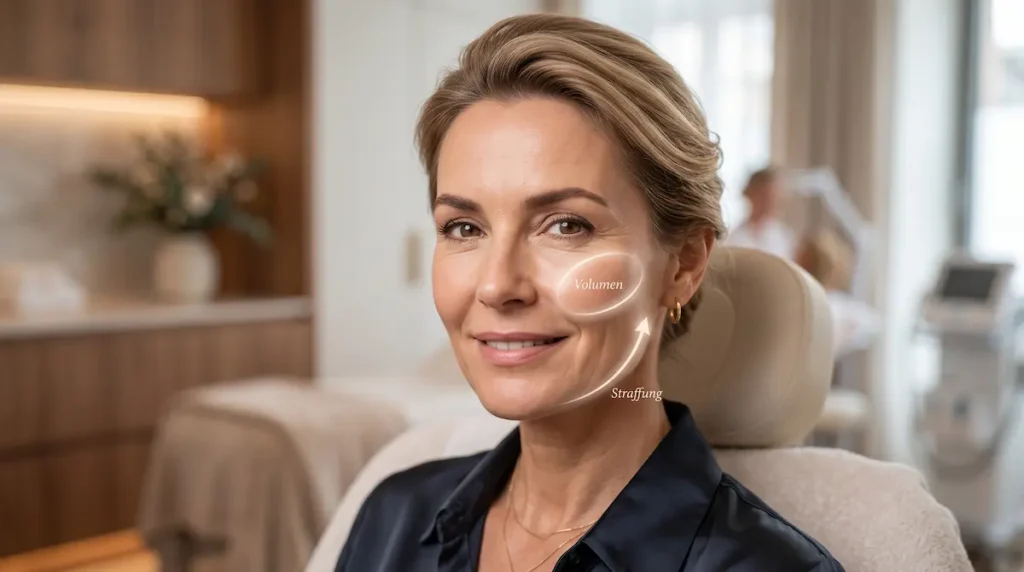 Stammzellen Facelift Haltbarkeit: Frau mit markierter Straffungs- und Volumenzone für die zwei Langzeit-Komponenten.