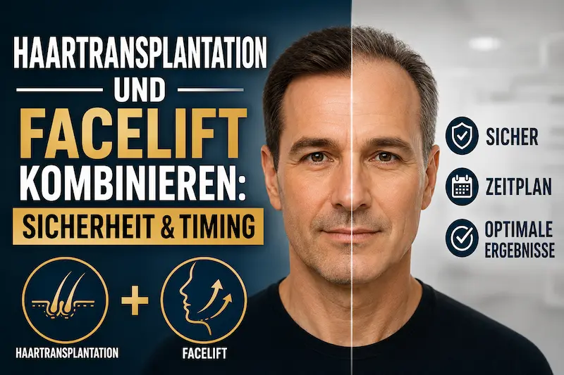 Haartransplantation Facelift Kombination mit Männerporträt, Haar- und Facelift-Symbolen zu Sicherheit und Timing.
