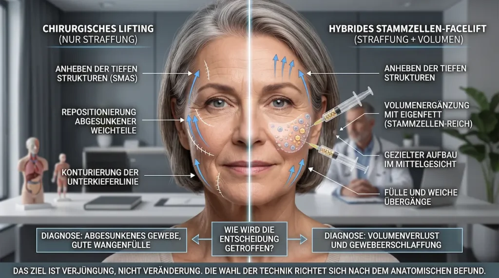 Stammzellen Facelift Vergleich: chirurgisches Lifting und hybrider Ansatz mit Eigenfett bei Erschlaffung und Volumenverlust.