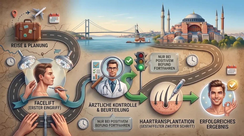 Infografik zur Haartransplantation Facelift Kombination mit gestaffelter Behandlung, ärztlicher Kontrolle und zweitem Eingriff in Istanbul.