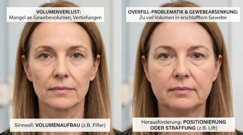 Vergleich von Volumenverlust und Overfill als Entscheidungshilfe für filler entfernung augen mini facelift bei Gewebeabsenkung.