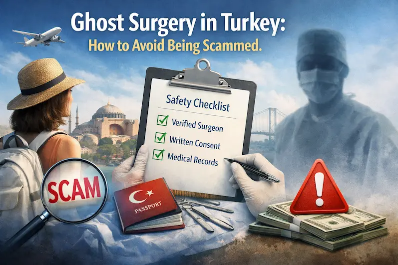 Ghost surgery in Turkey cover image showing a safety checklist (verified surgeon, written consent, medical records) with Istanbul skyline and a scam warning.