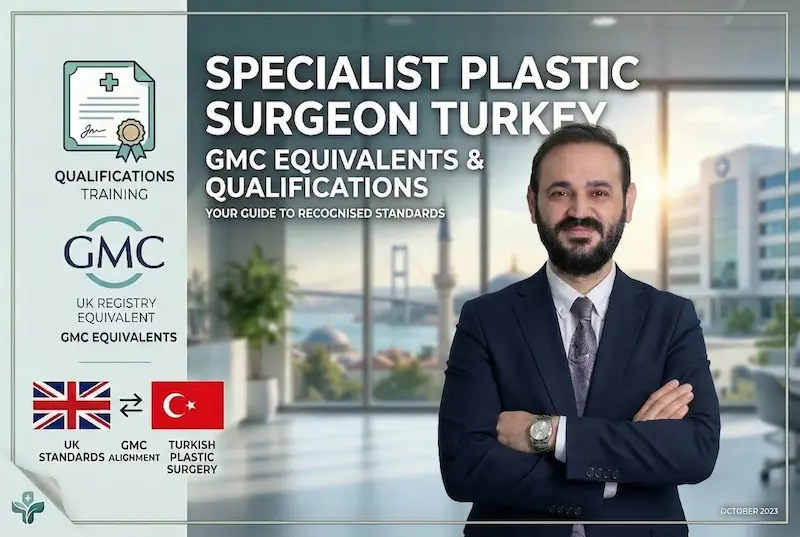 Dr Akif Mehmetoğlu in a clinic setting with qualifications graphics for specialist plastic surgeon Turkey and GMC equivalent standards for UK patients.