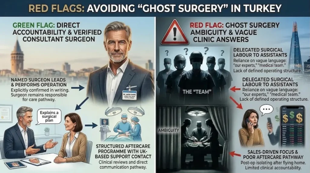 Best deep plane facelift surgeon in Turkey infographic comparing verified consultant-led care with ghost surgery risks, vague clinic answers and poor aftercare in Istanbul.