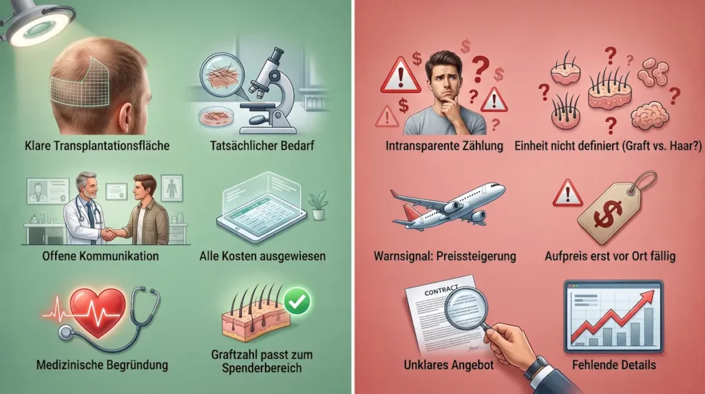 Haartransplantation Festpreis im Vergleich mit fairer Graft-Abrechnung, transparenten Kosten und Warnsignalen bei unklaren Angeboten.